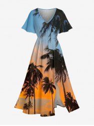 Coconut Tree Ombre Sky Dusk Print Hawaii Split Pocket A Line Midi Dress -  