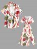 Ensemble de plage hawaïen assorti grande taille pour couples, imprimé cocotiers, hibiscus et perroquets - Rose clair 
