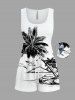 Ensemble hawaïen assorti chemise et barboteuse grande taille, tenue de plage imprimée cocotiers et oiseaux, paysage marin pour couples - Blanc 