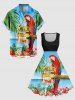 Plus Size Tropical Leaf Flower Parrot Sea Print Hawaii Button Pocket Shirt For Men -  