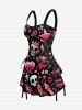 Robe trapèze à lacets, imprimé tête de mort, couronne, rose et cœur - Noir XL