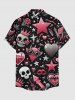 Chemise grande taille homme à imprimé tête de mort, couronne de roses et cœur, poche boutonnée - Noir S