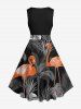 Robe trapèze vintage hawaïenne à imprimé flamants roses et feuilles tropicales, grande taille, cocotier - Noir 5X