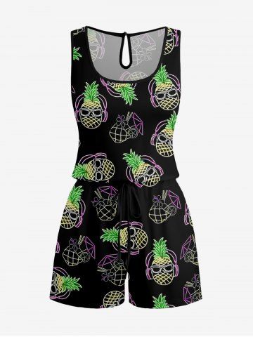 Combinaison hawaïenne grande taille à imprimé ananas et fleurs de jus de fruits, cintrée - BLACK - 5X