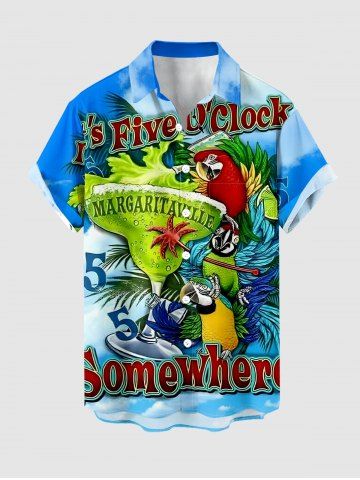 Plus Size Fruit Juice Parrots Tropical Leaf Print Buttons Pocket Hawaii Shirt For Men - BLUE - S