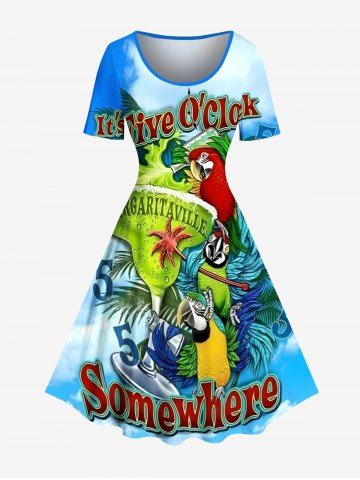 Plus Size Fruit Juice Parrots Tropical Leaf Print Hawaii Vintage Dress - BLUE - 3X