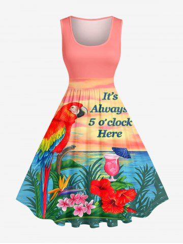 Robe vintage Hawaï des années 1950, grande taille, imprimé perroquet, jus de fruits et hibiscus. - PINK - 1X