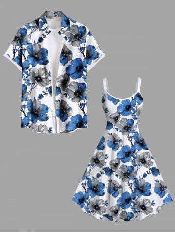 Ensemble de plage hawaïen assorti pour couples, grandes tailles, imprimé de branches de fleurs bicolores
