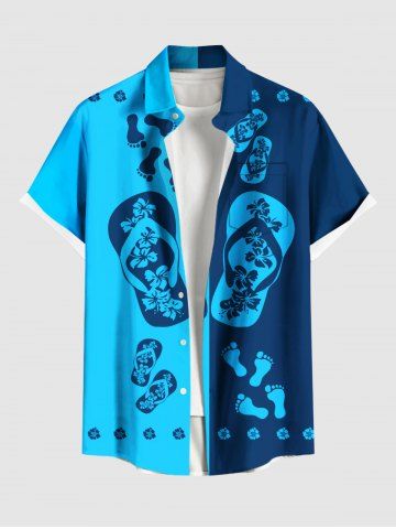 Plus Size Hibiscus Flowers Flip Flops Colorblock Feet Print Buttons Pocket Hawaii Shirt For Men - BLUE - L