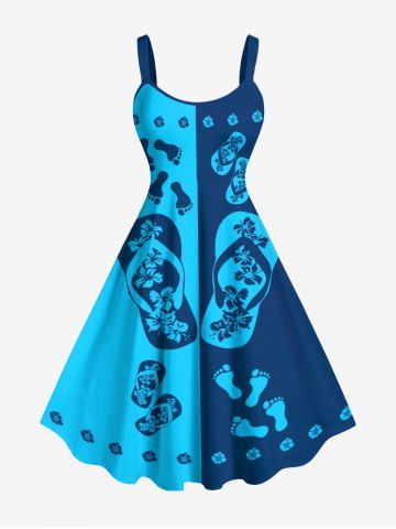 Plus Size Hibiscus Flowers Flip Flops Colorblock Feet Print Hawaii Tank Dress - BLUE - XXS