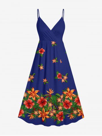 Plus Size Hibiscus Flowers Leaf Print Surplice Hawaii Cami Dress - BLUE - XXS