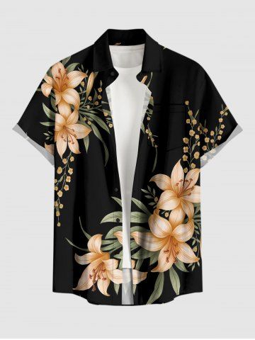 Chemise hawaïenne à imprimé floral, feuilles et branches, grande taille, avec poche boutonnée, pour hommes - BLACK - M