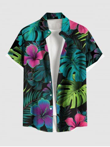 Plus Size Hibiscus Flower Tropical Leaf Print Buttons Pocket Hawaii Shirt For Men - GREEN - 5XL