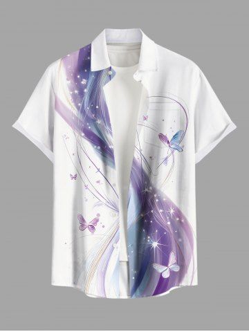 Chemise hawaïenne grande taille pour homme, à boutons et poche, imprimé 3D pailleté, motif papillon et courbes. - WHITE - 5XL