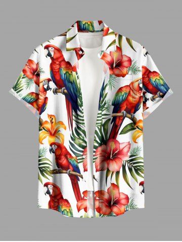 Plus Size Tropical Leaf Hibiscus Flower Parrot Print Hawaii Button Pocket Shirt For Men - WHITE - 5XL