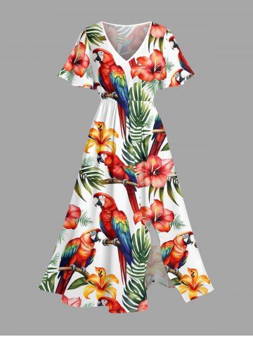 Robe midi trapèze grande taille à imprimé tropical feuilles d'hibiscus et perroquets, style hawaïen, avec poches fendues - WHITE - L