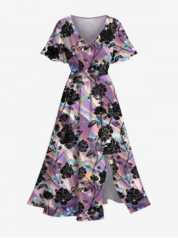 Robe midi fendue grande taille à imprimé rose et arc-en-ciel pour la Saint-Valentin - PURPLE - 6X