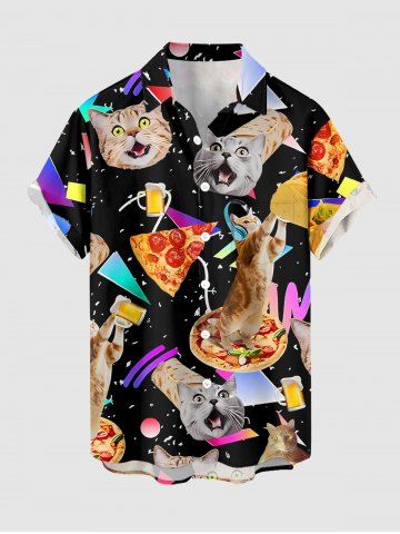 Chemise à poches boutonnées grande taille pour homme, motif pizza roulée avec chat et imprimé géométrique hawaïen. - BLACK - L