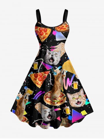 Plus Size Cat Pizza Rolled Pancake Geometric Graphic Print Hawaii A Line Dress - BLACK - 6X