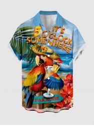 Plus Size Parrot Fruit Juice Hibiscus Flowers Sea Waves Print Buttons Pocket Hawaii Shirt For Men -  