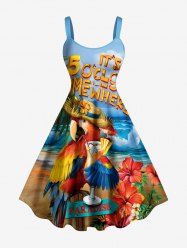 Plus Size Parrot Fruit Juice Hibiscus Flowers Sea Waves Print Hawaii Tank Dress -  