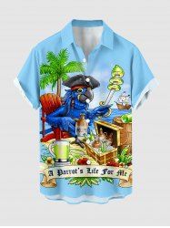 Chemise hawaïenne grande taille pour homme, avec imprimé perroquet, pirate, cocotier, jus de fruits, crâne et fleurs, boutons et poche. Motifs : perroquet, pirate, cocotier, jus de fruits, crâne et fleurs. Elle est ornée d'un motif de fruits, de fruits, de fruits et de boutons. Elle est vendue par des hommes. Elle est également vendue par des hommes. Elle est ... - Bleu Poudre S