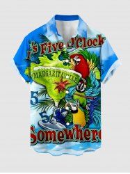 Chemise hawaïenne grande taille pour homme, à boutons et poches, ornée de perroquets et de feuilles tropicales, avec jus de fruits et motifs de feuilles. Motifs tropicaux. Imprimé fruits et perroquets. Grande taille. Modèle hawaïen avec poches et boutons. - Bleu S