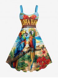 Robe débardeur grande taille à imprimé perroquets, hibiscus, feuilles et paysage marin, style hawaïen - Bleu S