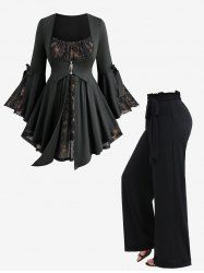 Flowers Print Spider Bowknot Flare Sleeve 2 In 1 Top and Wide Leg Pants Plus Size Outfit -  