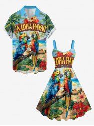 Parrot Lovers Hibiscus Flowers Leaf Seascape Juice Print Plus Size Matching Hawaii Beach Outfit For Couples -  