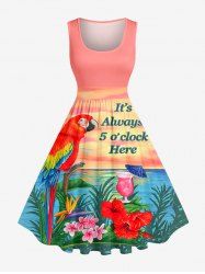 Robe vintage Hawaï des années 1950, grande taille, imprimé perroquet, jus de fruits et hibiscus. - Rose  5X