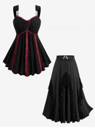 Pointelle Hollow Out Jacquard Contrast Piping Top and Lace Ruffles Patchwork Skirt Plus Size Outfit -  
