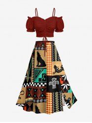 Solid Cinched Top and Ethnic Geometric Graphic Gecko Print Hawaii Split A Line Skirt Matching Set -  