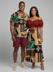 African Printed Matching Couple Outfit Ethnic Geometric Graphic Gecko Hawaiian Set -  