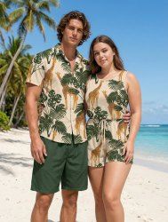 Matching Hawaii Shirt and Romper Beach Outfit Tropical Leaf Plant Giraffe Print For Couples -  
