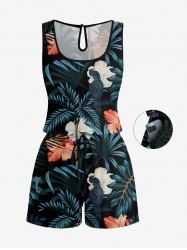 Tropical Leaf Hibiscus Flower Print Hawaii Drawstring Pocket Romper -  