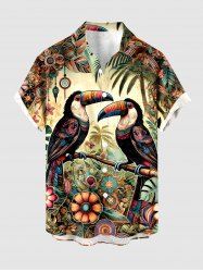 Chemise hawaïenne à poches boutons, imprimé ethnique floral et perroquet, grande taille, pour homme - Bronze 6XL