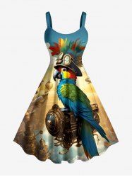 Plus Size Parrot Pilot Engine Print Hawaii A Line Dress - Bleu Ciel 5X