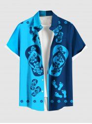 Tongs grandes tailles à fleurs d'hibiscus, imprimé colorblock, boutons, poche, chemise hawaïenne pour hommes - Bleu 2XL
