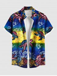 Plus Size Turtle Fish Colorblock Print Buttons Pocket Hawaii Shirt For Men -  