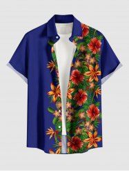 Chemise hawaïenne grande taille pour homme, à imprimé feuilles d'hibiscus, boutons et poche. - Bleu profond S