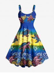 Robe débardeur hawaïenne à imprimé tortue et poisson colorblock grande taille - Bleu Marine S