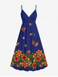 Robe cache-cœur hawaïenne à imprimé de fleurs d'hibiscus et de feuilles, grande taille - Bleu S