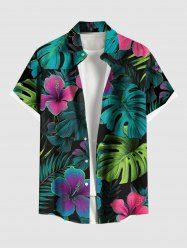 Plus Size Hibiscus Flower Tropical Leaf Print Buttons Pocket Hawaii Shirt For Men -  