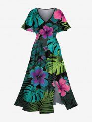 Robe midi hawaïenne fendue à imprimé feuilles tropicales et fleurs d'hibiscus (grande taille) - Vert 5X
