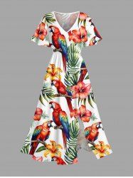 Robe midi trapèze grande taille à imprimé tropical feuilles d'hibiscus et perroquets, style hawaïen, avec poches fendues - Blanc 6X