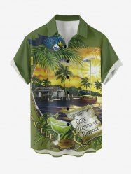 Chemise hawaïenne grande taille pour homme, motif cocotier, perroquet, jus de fruits, bateau et soleil, boutons et poche. -  S