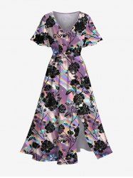 Robe midi fendue grande taille à imprimé rose et arc-en-ciel pour la Saint-Valentin - Pourpre  6X