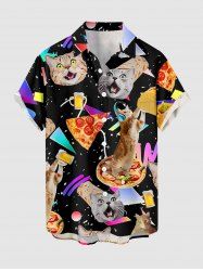 Chemise à poches boutonnées grande taille pour homme, motif pizza roulée avec chat et imprimé géométrique hawaïen. - Noir M