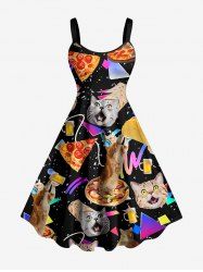 Robe trapèze grande taille à motif géométrique Cat Pizza et crêpe roulée, style hawaïen - Noir XS